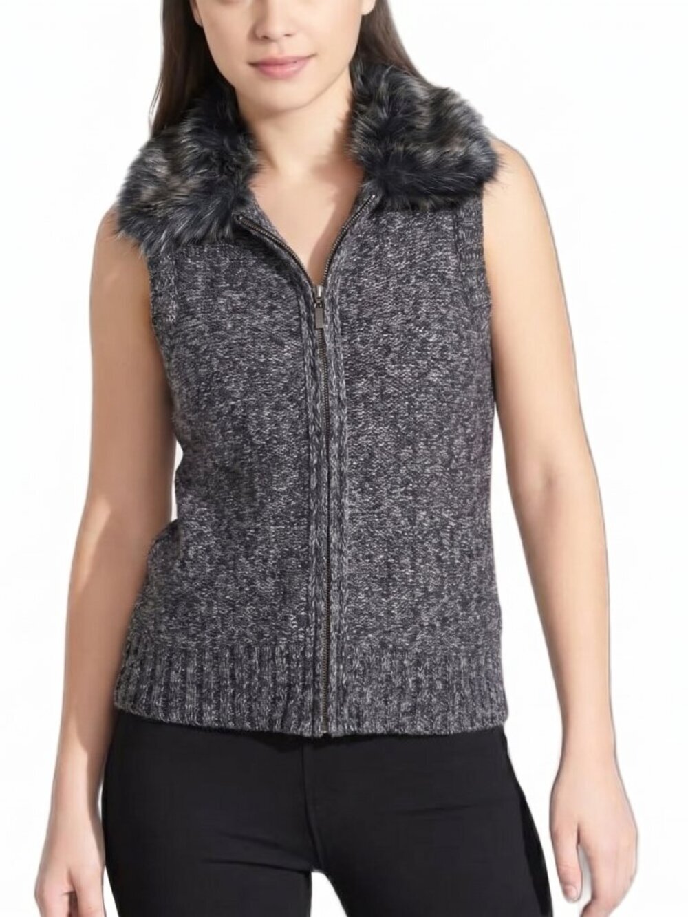 Ladies Alia Faux Fur Collar Knit Zip-Front Vest